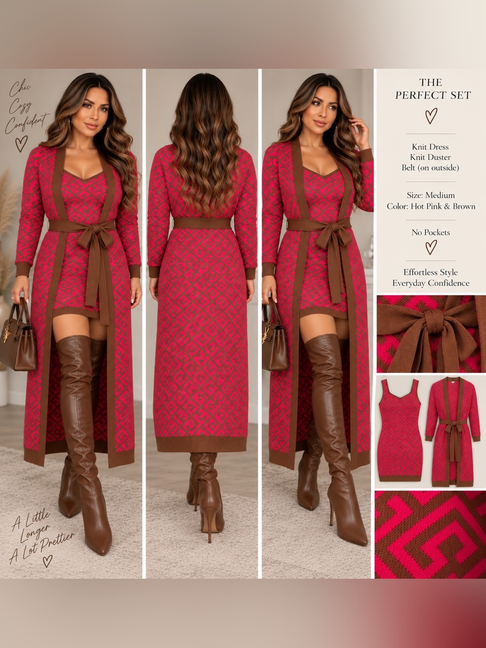 💕 HOT PINK & BROWN 3-PIECE KNIT DRESS + DUSTER SET | SIZE MEDIUM 💕